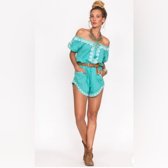 Rare Vintage Spell Santorini Embroidered
Romper In Turquoise In Size Large. - Picture 5 of 5